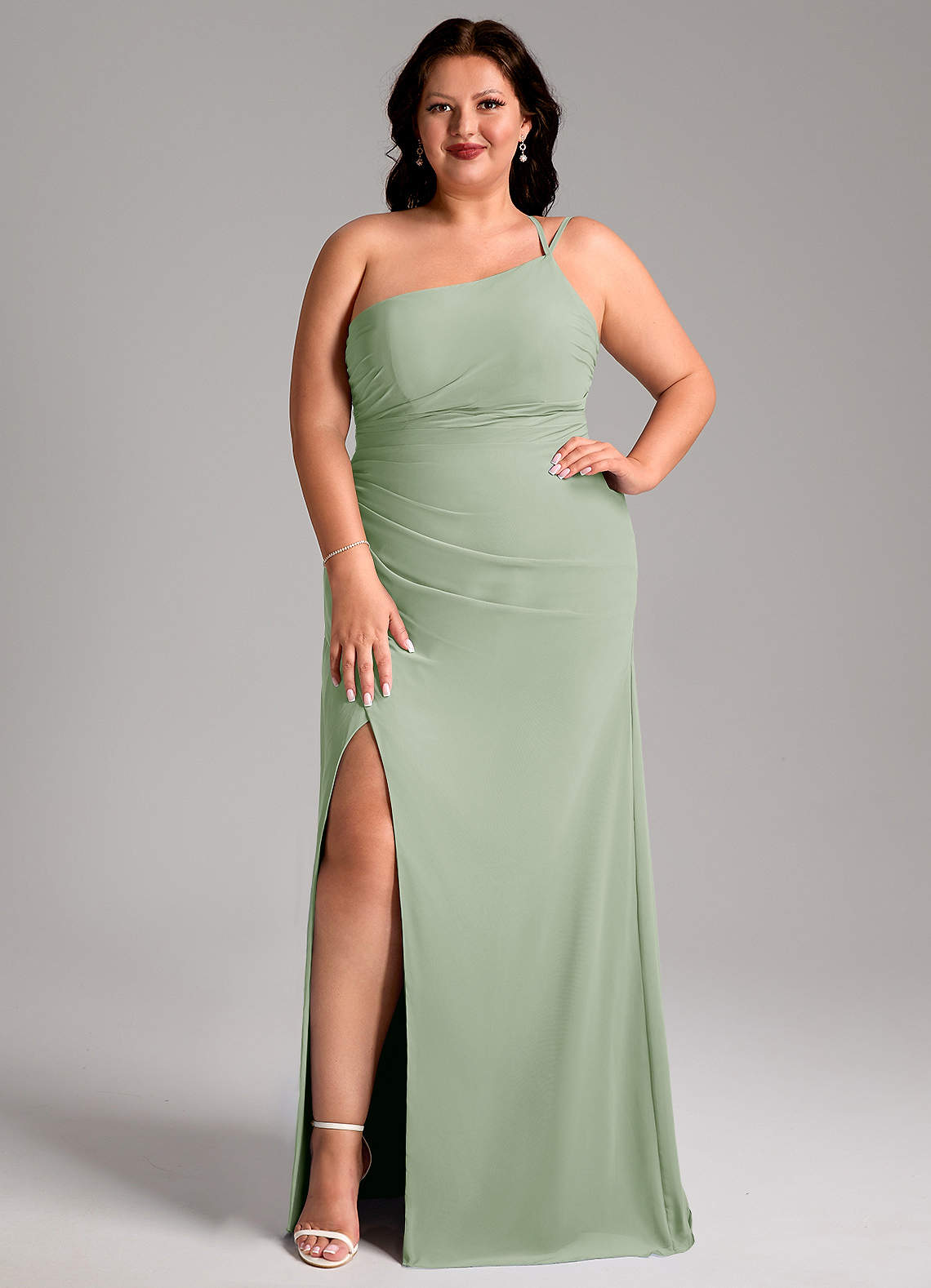 Azazie Eren Jurken voor bruidsmeisjes Jurk van Chiffon met Kolom One-Shoulder Stoffige Salie image1
