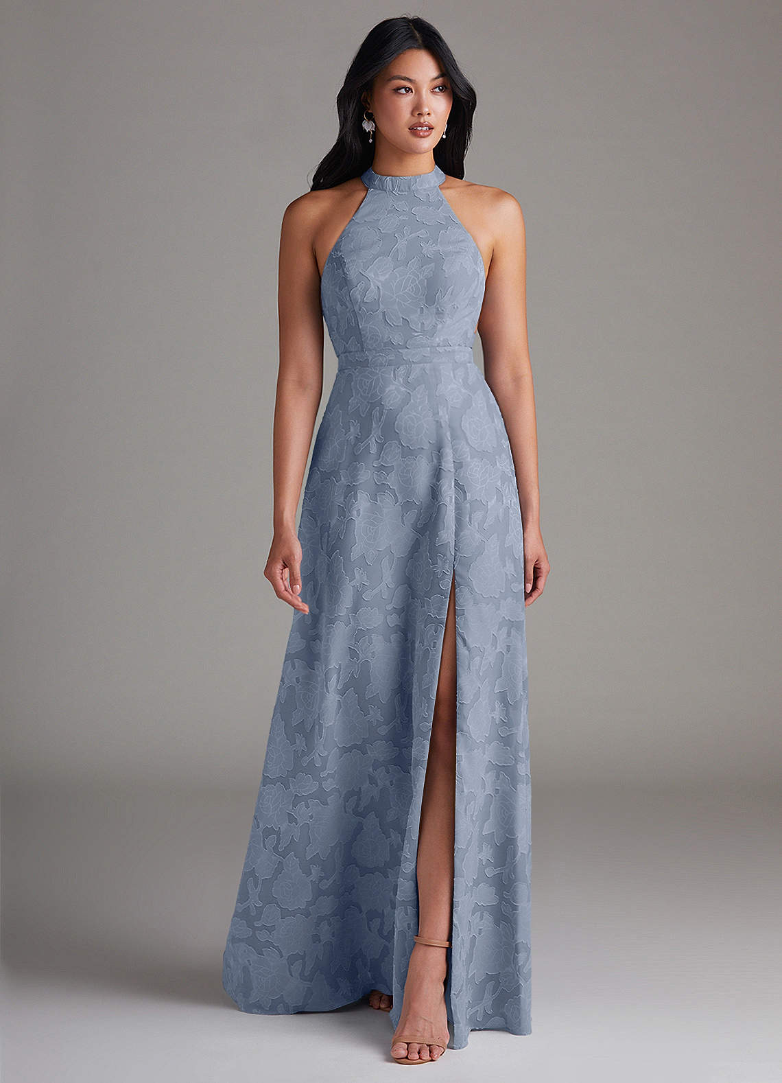 Azazie Clarice Robes de demoiselle d'honneur Robe Trapèze en Blumen-Burnout Fente Latérale Bleu Poussiéreux image1