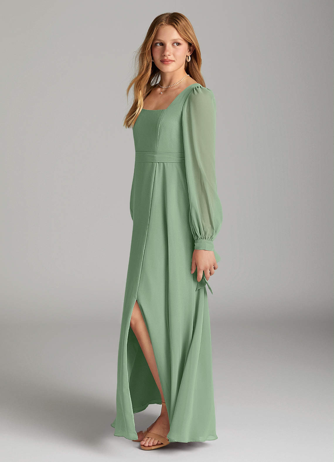 Azazie Leonia Junior Matcha A-Line with Pockets Chiffon Dress image2