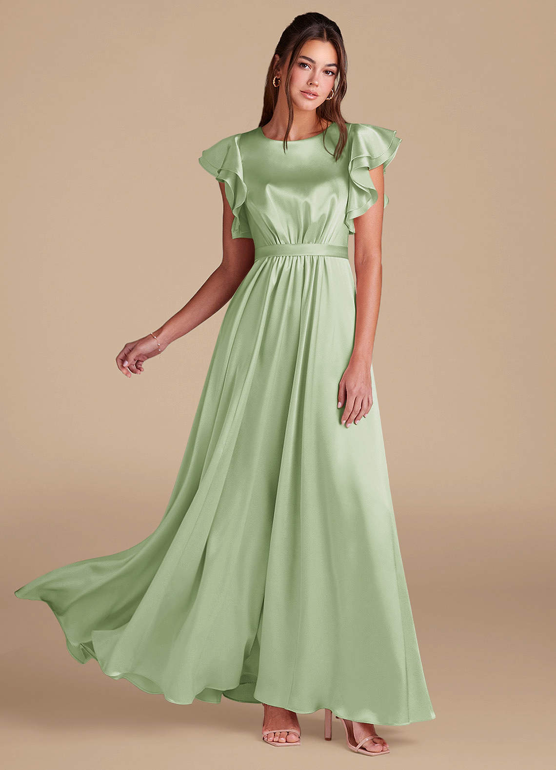 Azazie Daphne Modest Bridesmaid Dresses A-Line Ruched Metallic Satin Floor-Length Dress image1