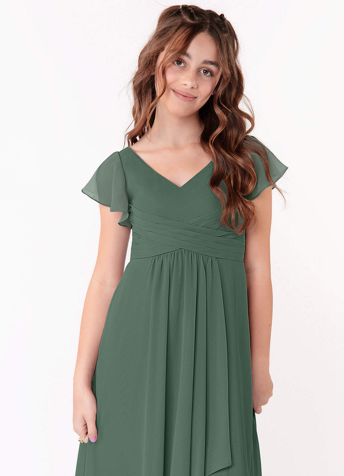 Azazie Omari Junior Eucalyptus A-Line Ruched Chiffon Dress image3