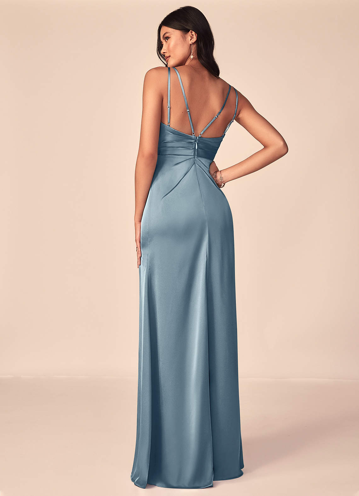 aqua bridesmaid dresses KissProm Mermaid V-Neck Satin Dress With Slit in Bleached Aqua, Bleached / 10 KissProm presents this spaghetti strap sheath bridesmaid dress crafted from smooth stretch satin Ocean Blue Aqua Blue Bridesmaid