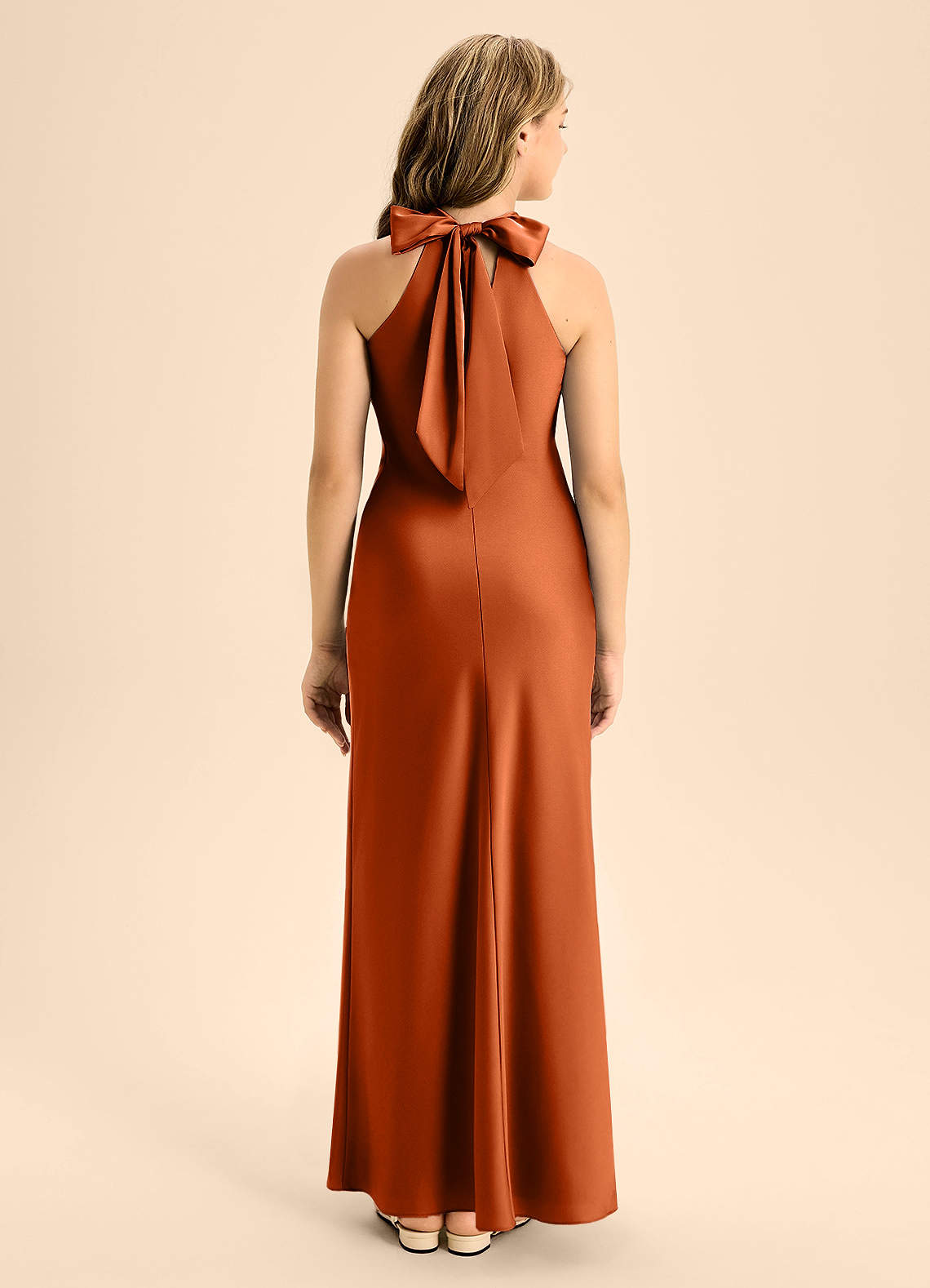 Azazie Doretta Junior Burnt Orange A-Line Pleated Stretch Satin Dress image1