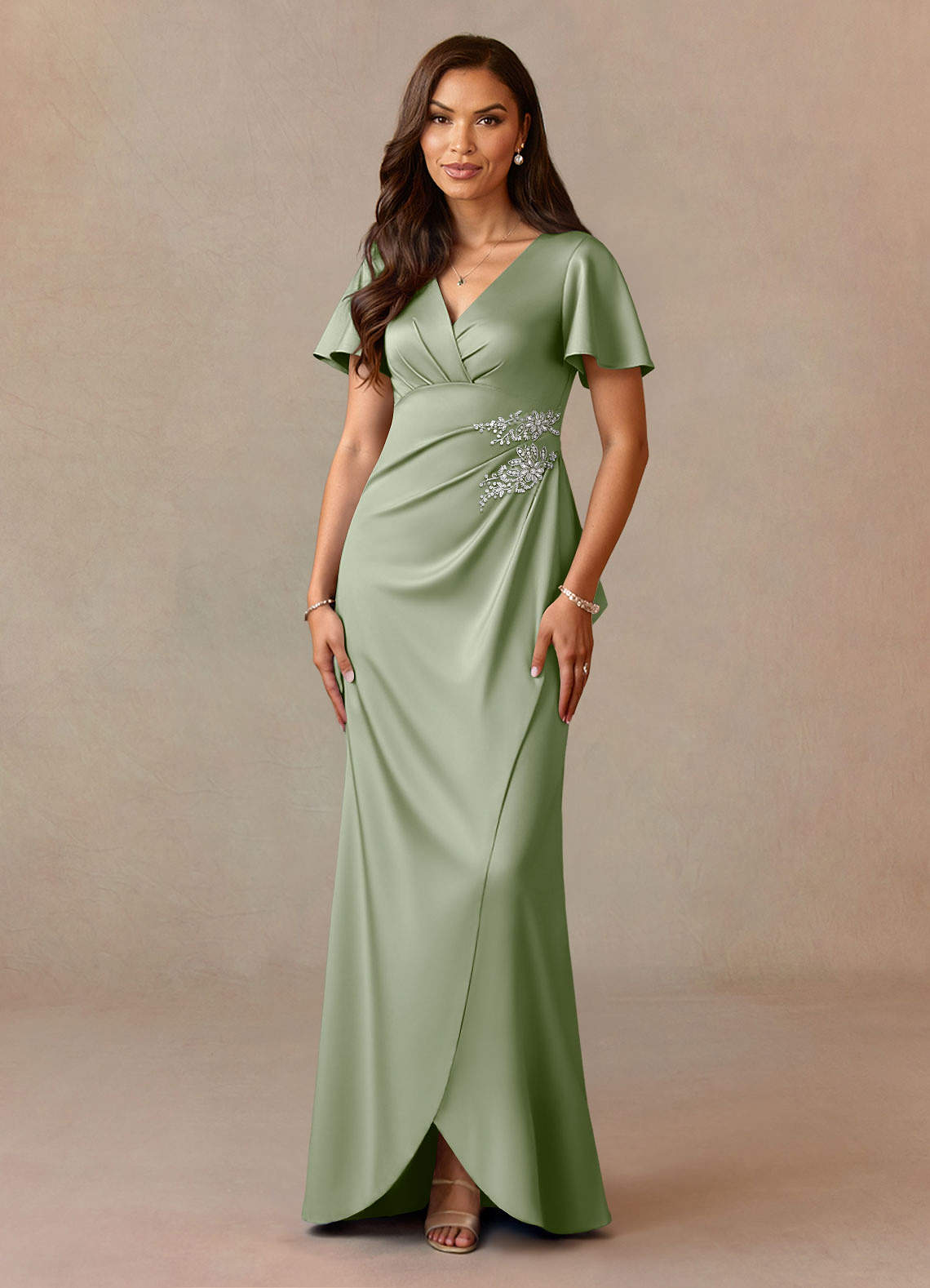 Azazie Robins Mother of the Bride Dresses Dusty Sage A-Line Pleated Stretch Satin Dress image1