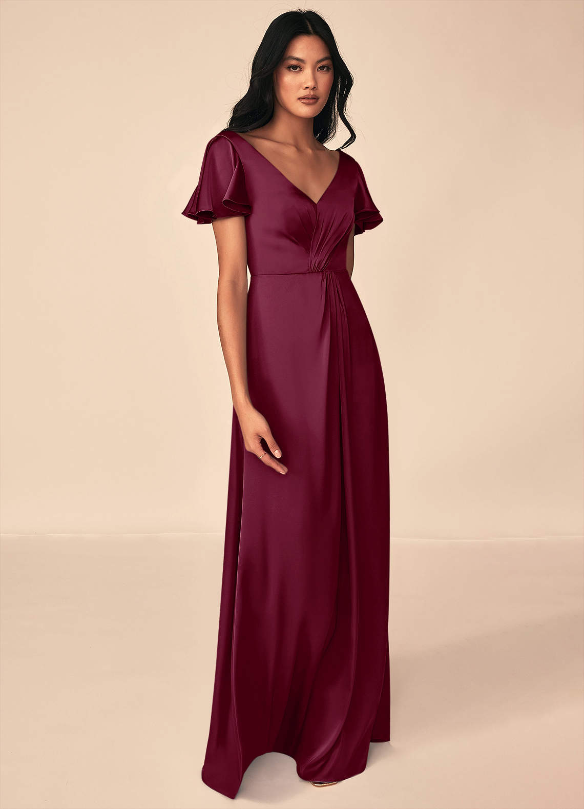 Azazie Soren Bridesmaid Dresses Mulberry A-Line Pleated Stretch Satin Dress image3