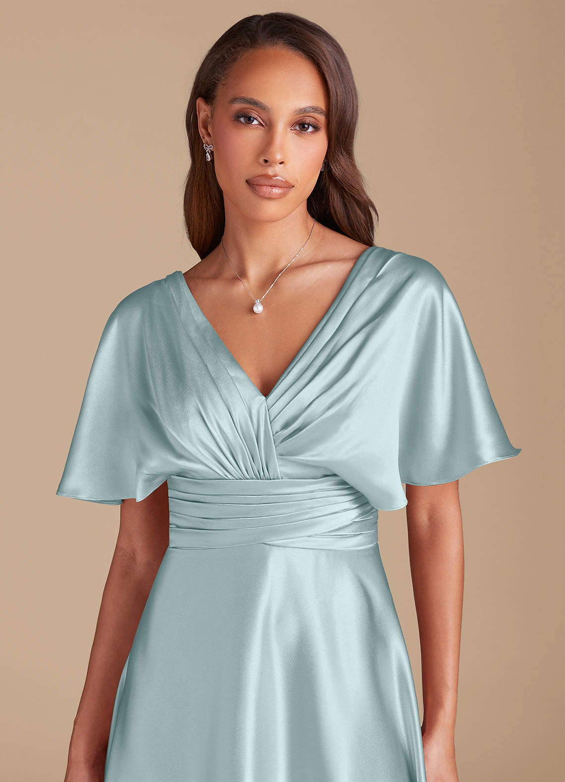 Azazie Pamela Bridesmaid Dresses Mist A-Line Pleated Metallic Satin Dress image1