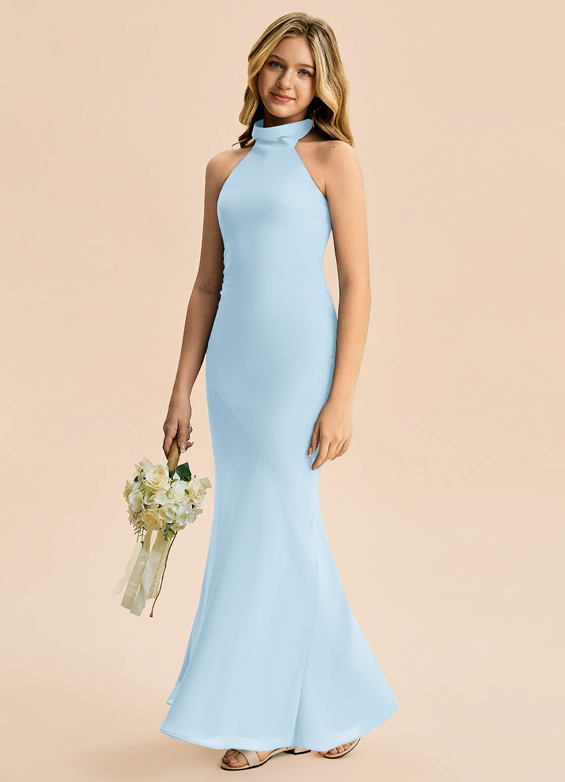 Azazie Velli Junior Sky Blue Mermaid High Neck Chiffon Dress image3
