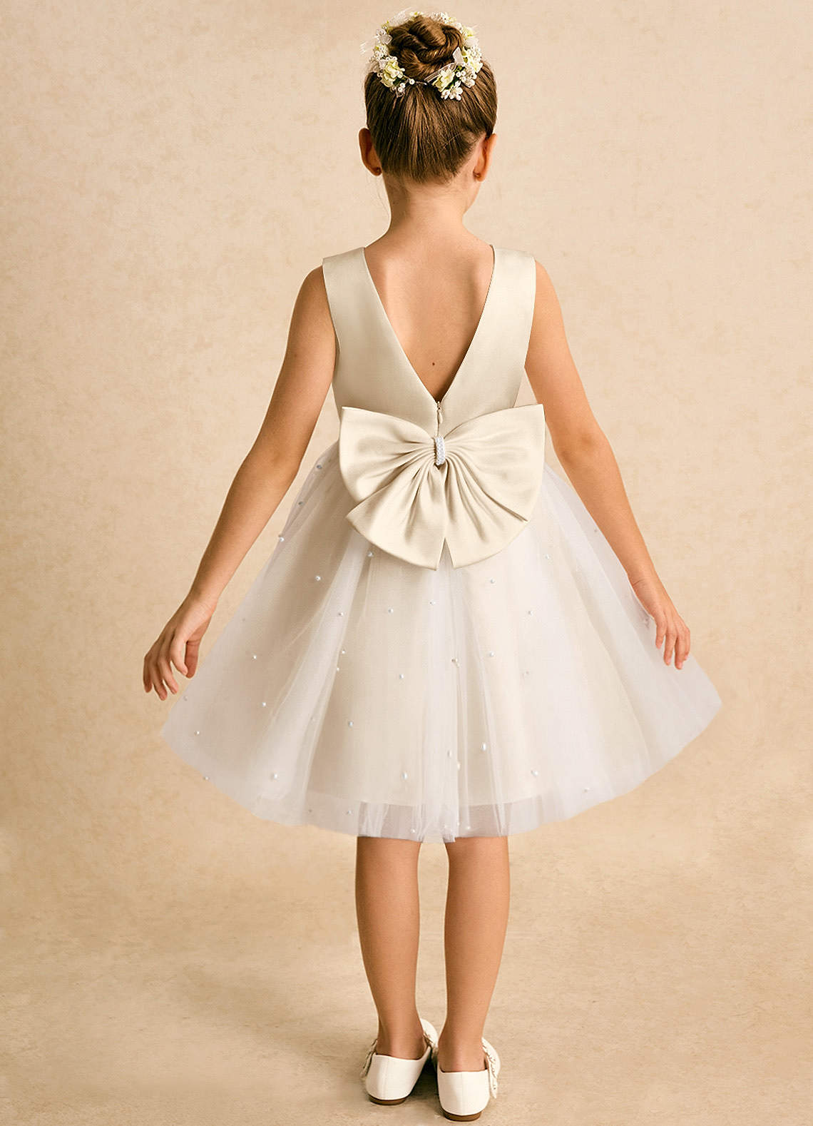Azazie Esme Blumenmädchenkleider Ballkleid Schleifen Tüll Kleid Champagner image1