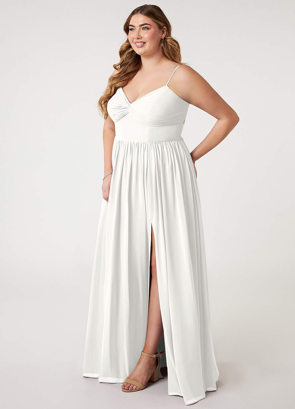 Azazie Zeya Brautjungfernkleider A-Linie V-Hals Gefaltet Chiffon Kleid Weiß image7