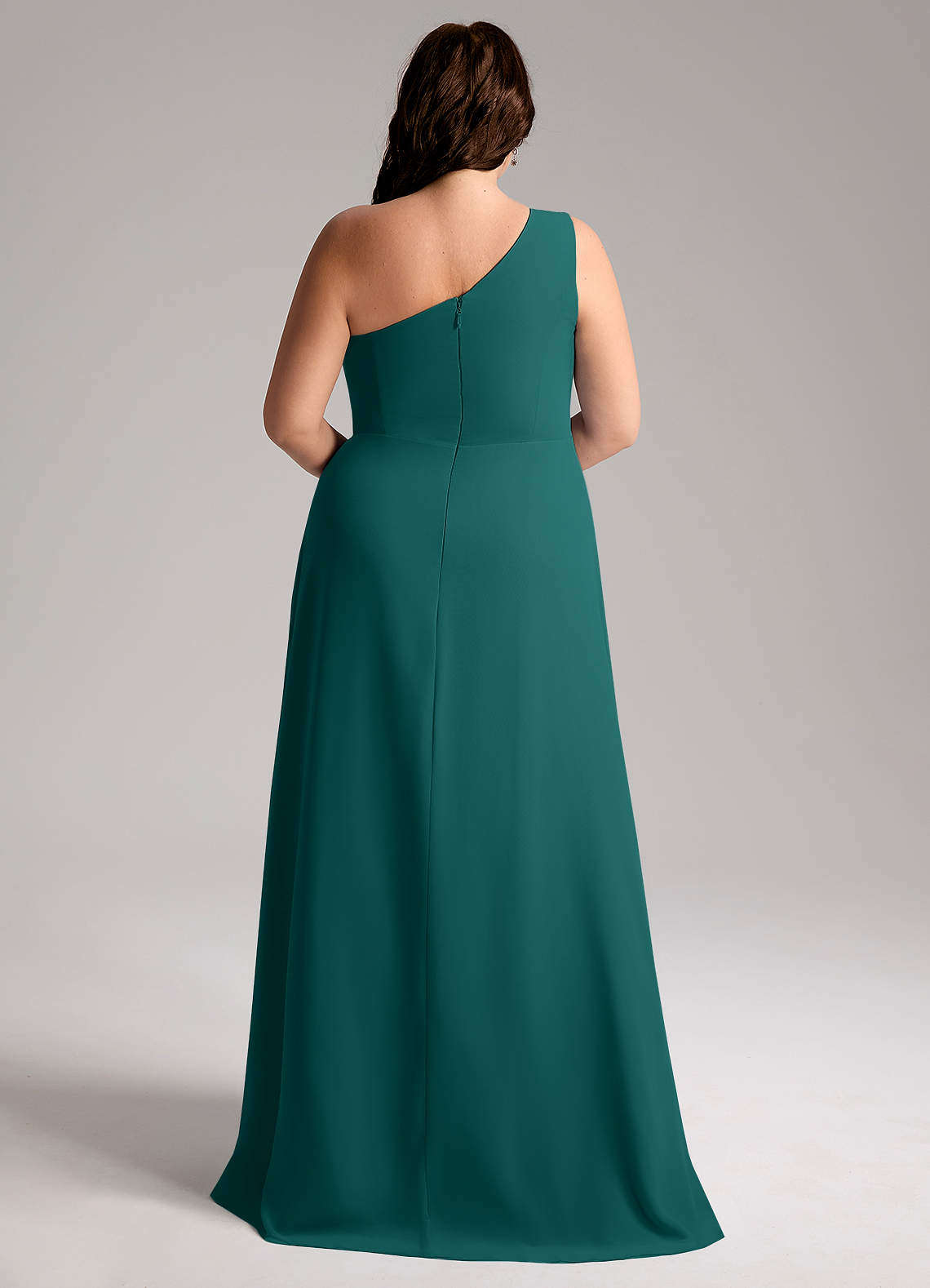 Azazie Brooke Vestidos de damas de honor Vestido de Pavo Real de Gasa de Corte en A con Hombro unilateral image9