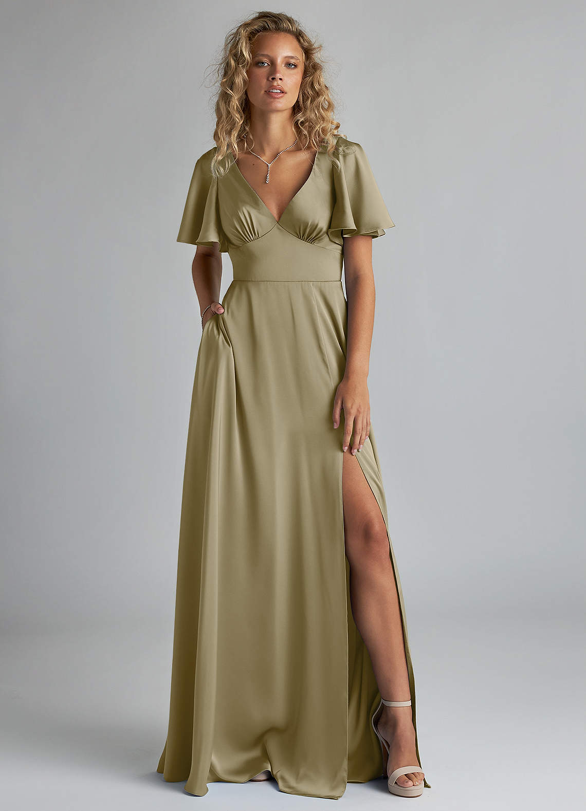 Azazie Kimber Brautjungfernkleider A-Linie Gestreift Stretch-Satin Kleid Moosgrün image1
