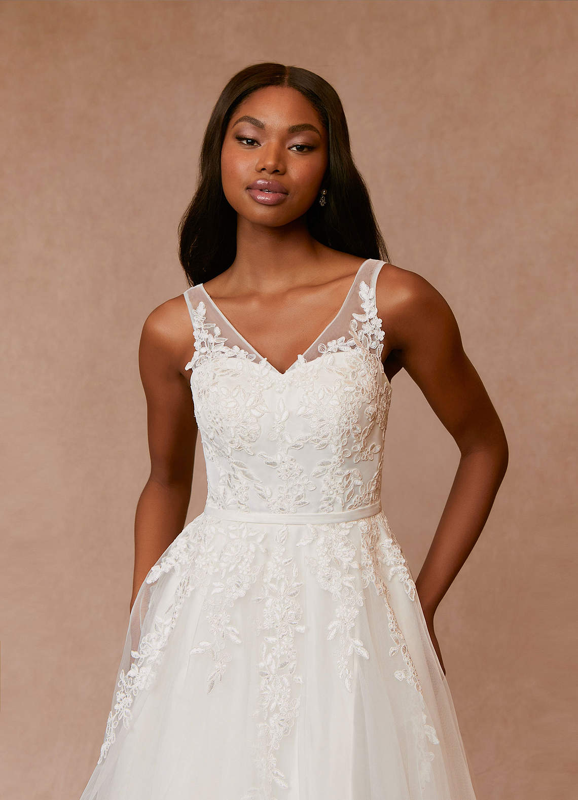 Azazie Dolores Wedding Dresses A-Line V-Neck lace Satin Tea-Length Dress image1