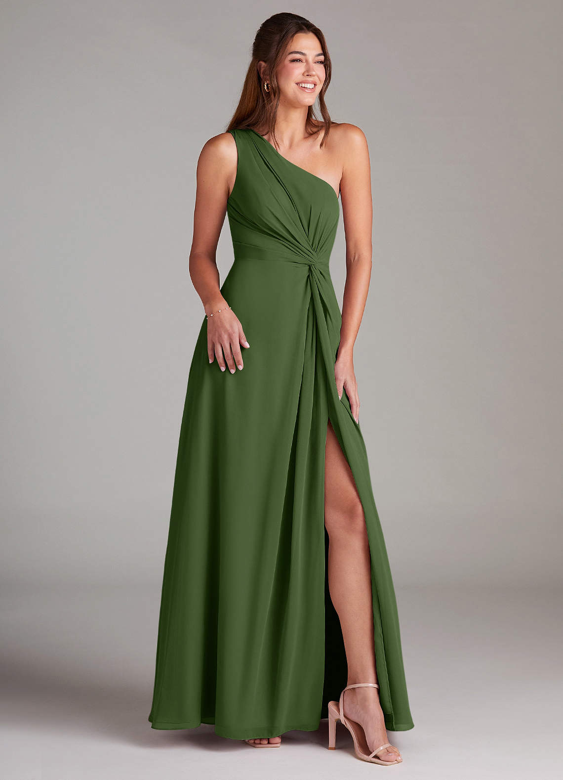 Azazie Brooke Bridesmaid Dresses Olive A-Line One Shoulder Chiffon Dress image3