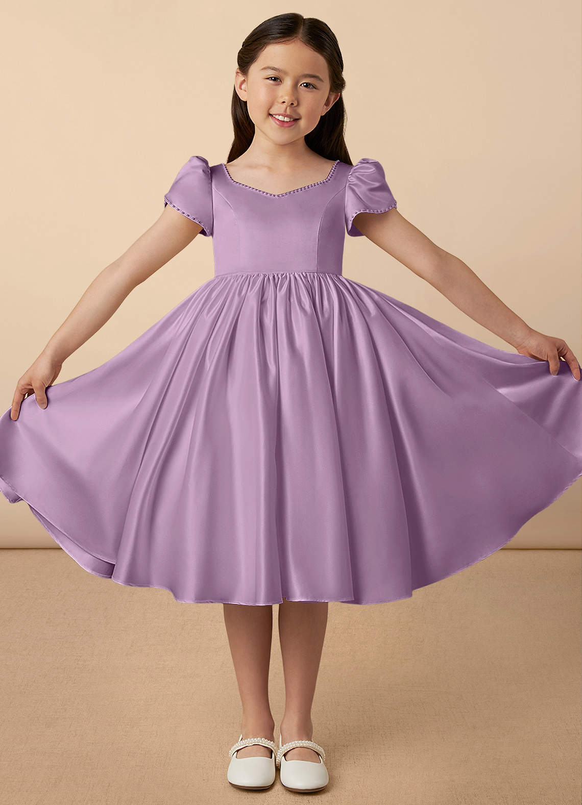 Azazie Juno vestidos de niña de las flores Vestido de Glicinia de Satin Mate de Corte En A con Escote de Corazón image1