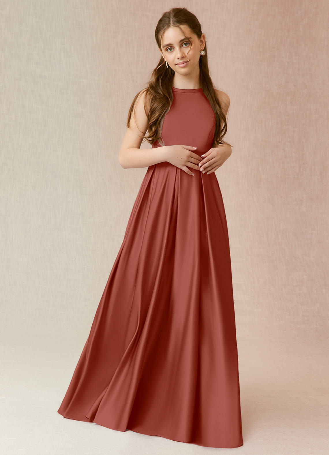 Azazie Arianthe Junior Auburn A-Line with Pockets Matte Satin Dress image1