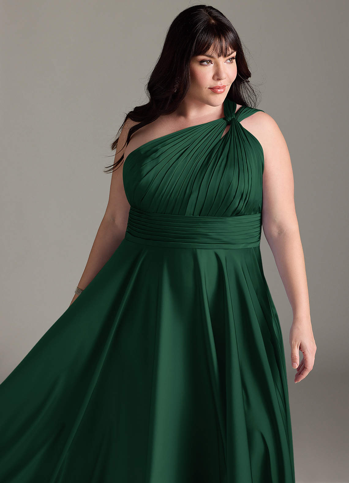 Azazie Charlize Bridesmaid Dresses Dark Green A-Line One Shoulder Stretch Satin Dress image14