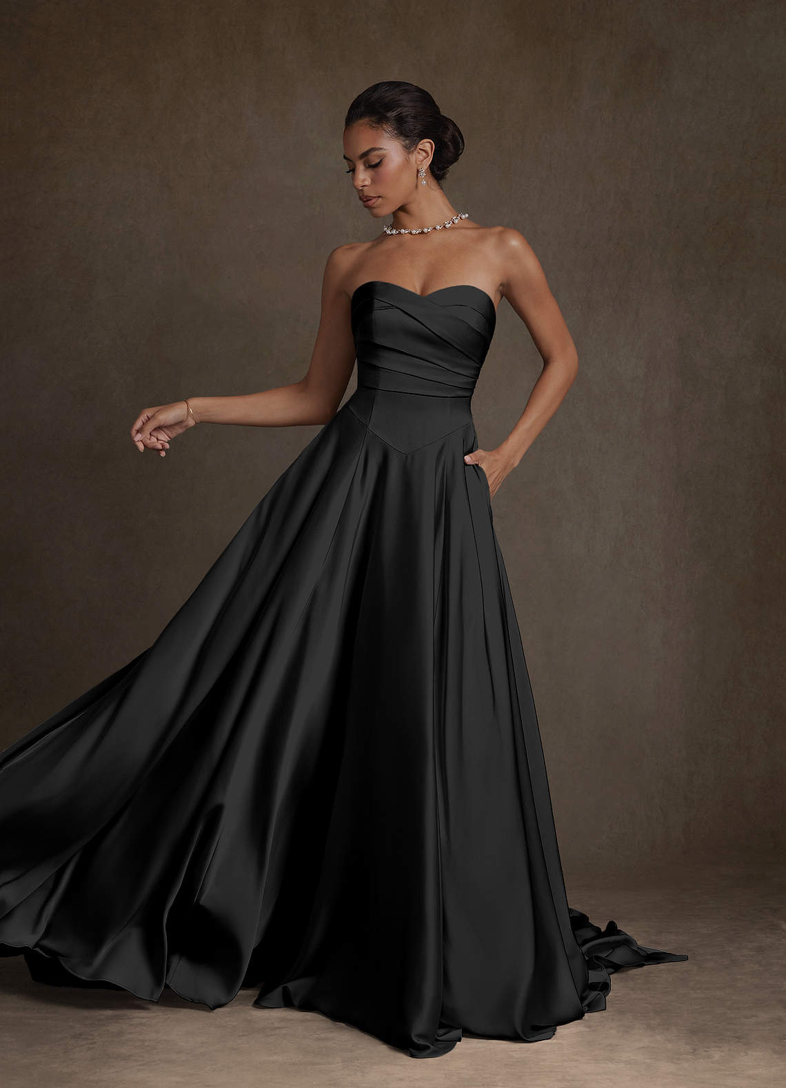 black dress wedding Azazie 2026 Plus Size A-Line Modern Elegant Pleated Chapel Train Stretch Satin Strapless With Pockets shaping the waist and