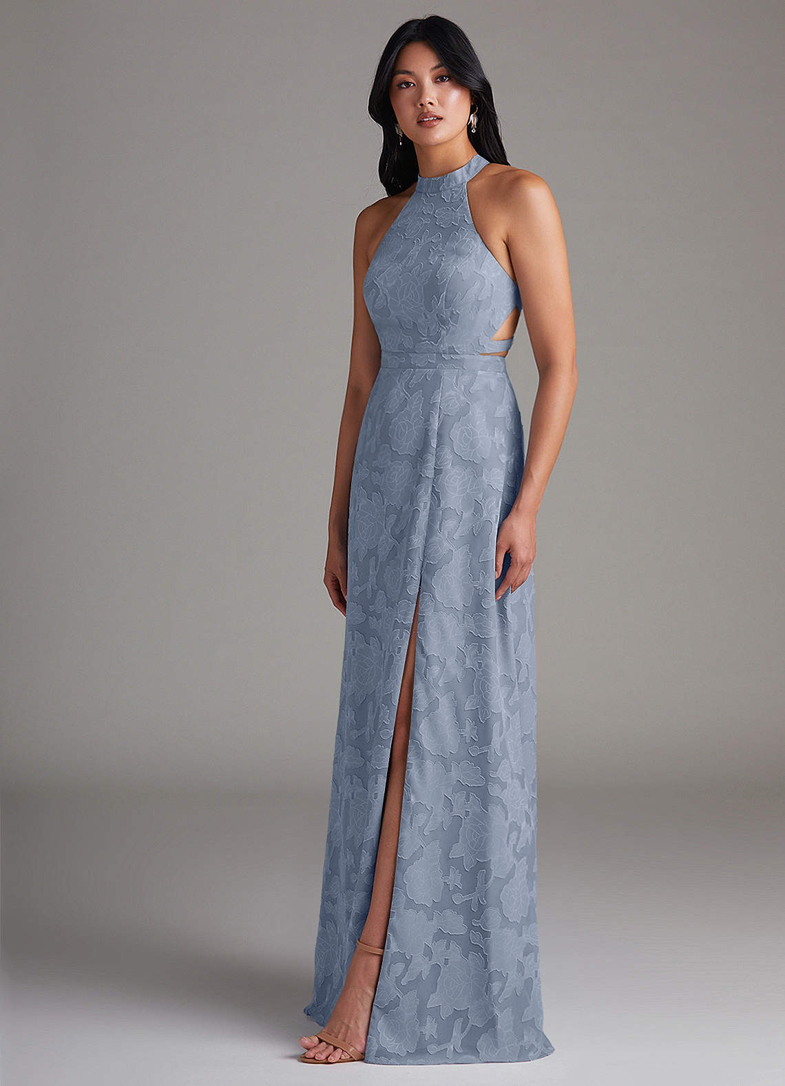 Azazie Clarice Jurken voor bruidsmeisjes Jurk van Bloemen Burn-out met A-Lijn Zijsplit Stoffig Blauw image2