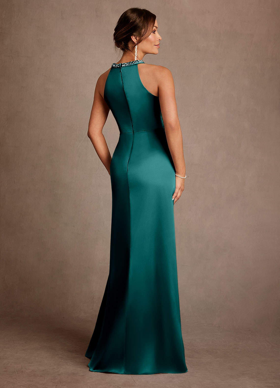 Azazie A-Line/Princess Halter Neck Floor-Length Stretch Satin Mother of The Bride or Groom Dresses - Peacock