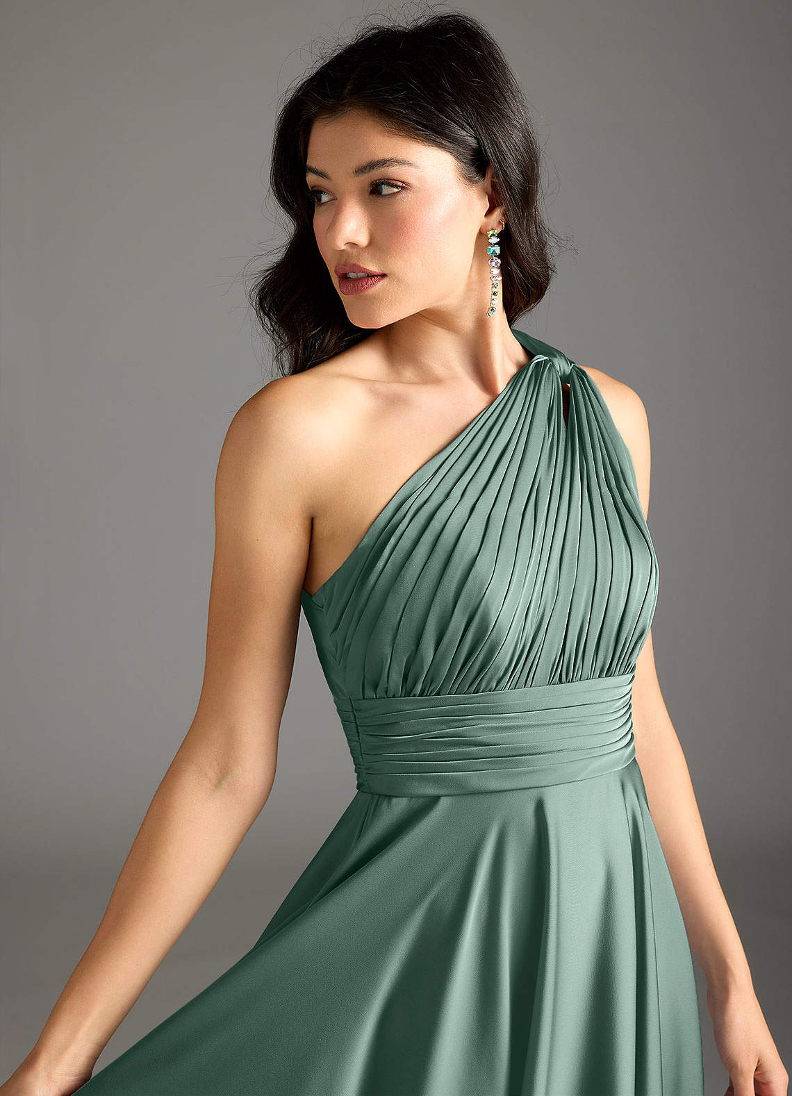 Azazie Charlize Bridesmaid Dresses Eucalyptus A-Line One Shoulder Stretch Satin Dress image6