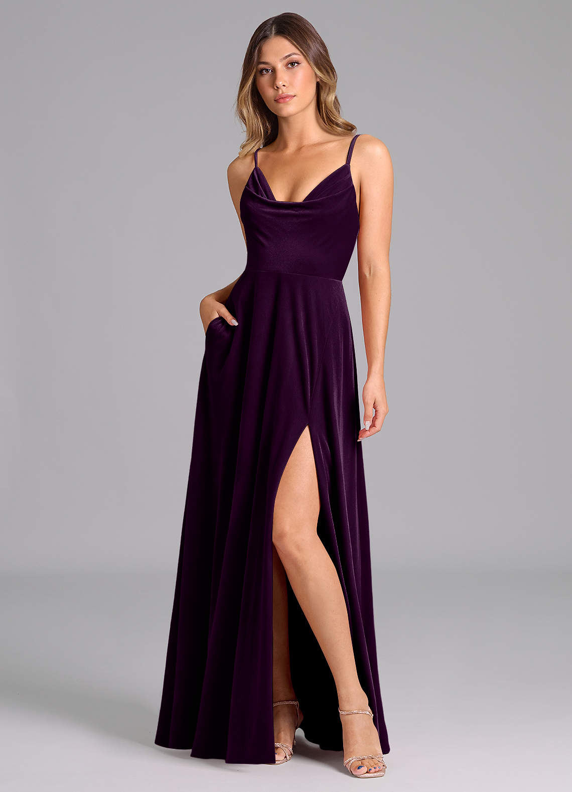 Azazie Sarella Bridesmaid Dresses Grape A-Line Pleated Velvet Dress image1