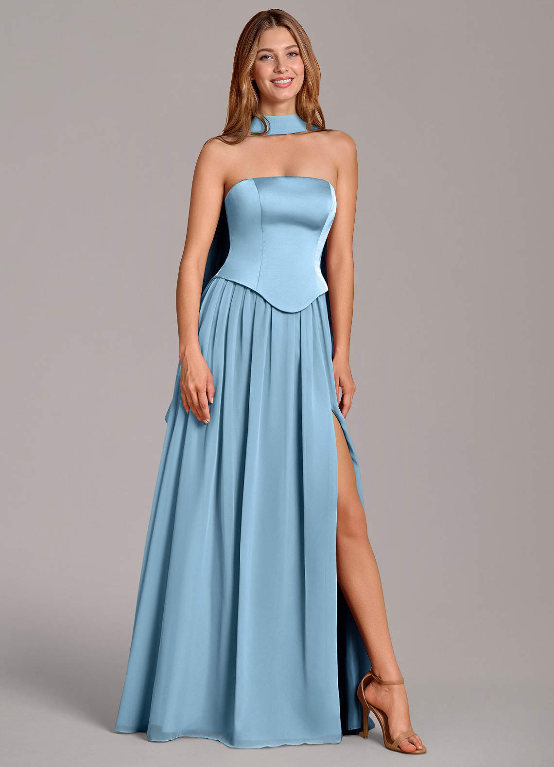 steel blue dresses Azazie Brooke full length tulle skirt and zipper back.This bridesmaid dress is also available for junior bridesmaid.This long elegant bridesmaid dress can be custom made with no extra cost KissProm Round Neck Sheath Chiffon