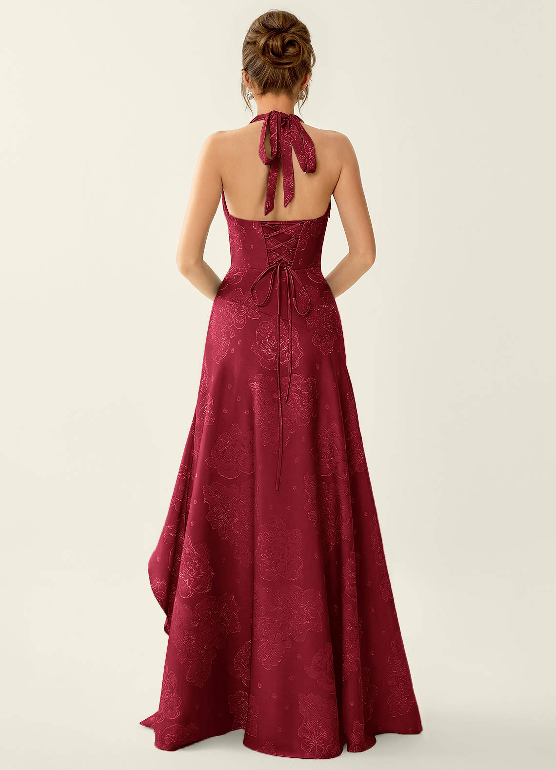 maroon halter prom dress Azazie Burgundy A-Line Floor-Length Birthday Lace Up Jacquard formal elegant burgundy dress