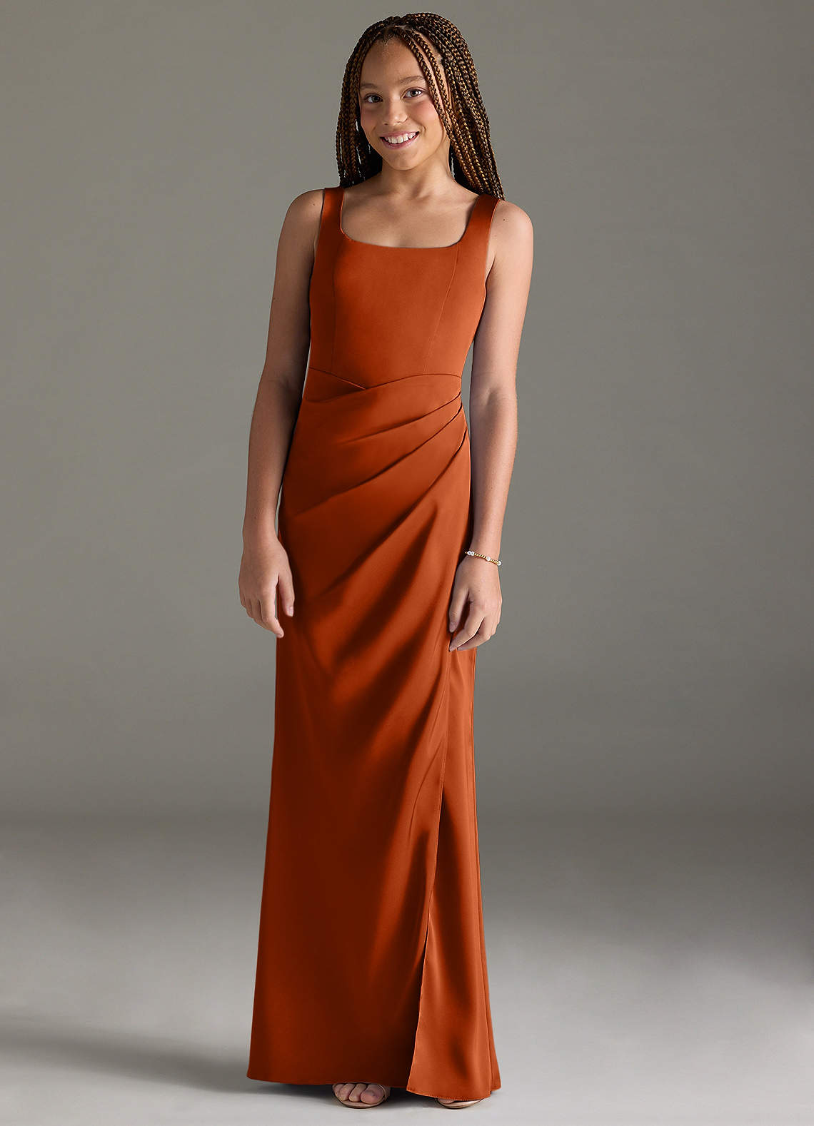 Azazie Mero Junior Burnt Orange Mermaid Pleated Stretch Satin Dress image1