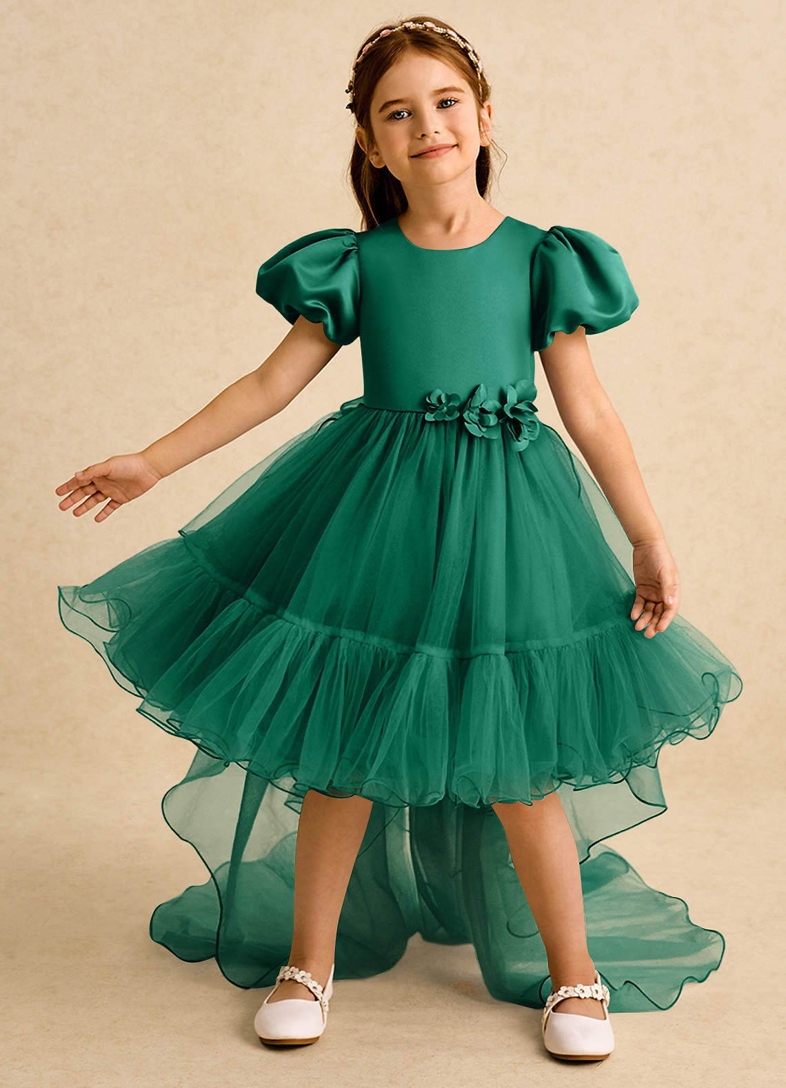 Azazie Cocoa vestidos de niña de las flores Vestido de Esmeralda de Tul de Princesa con Plisado image1
