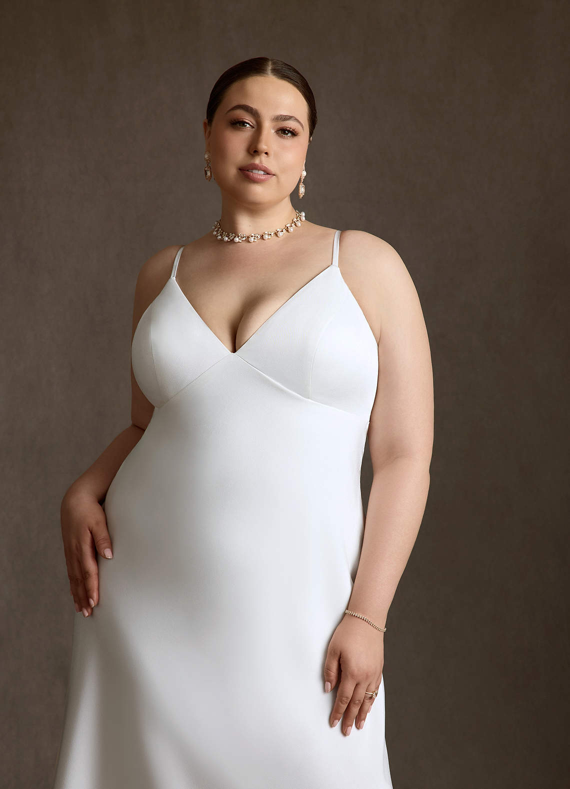 Azazie Caity Wedding Dresses Diamond White Fit and Flare Crepe Back Satin Dress image17