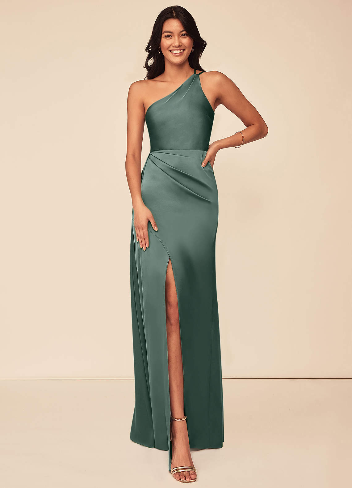 Azazie Maron Bridesmaid Dresses Sea Moss A-Line One Shoulder Stretch Satin Dress image1