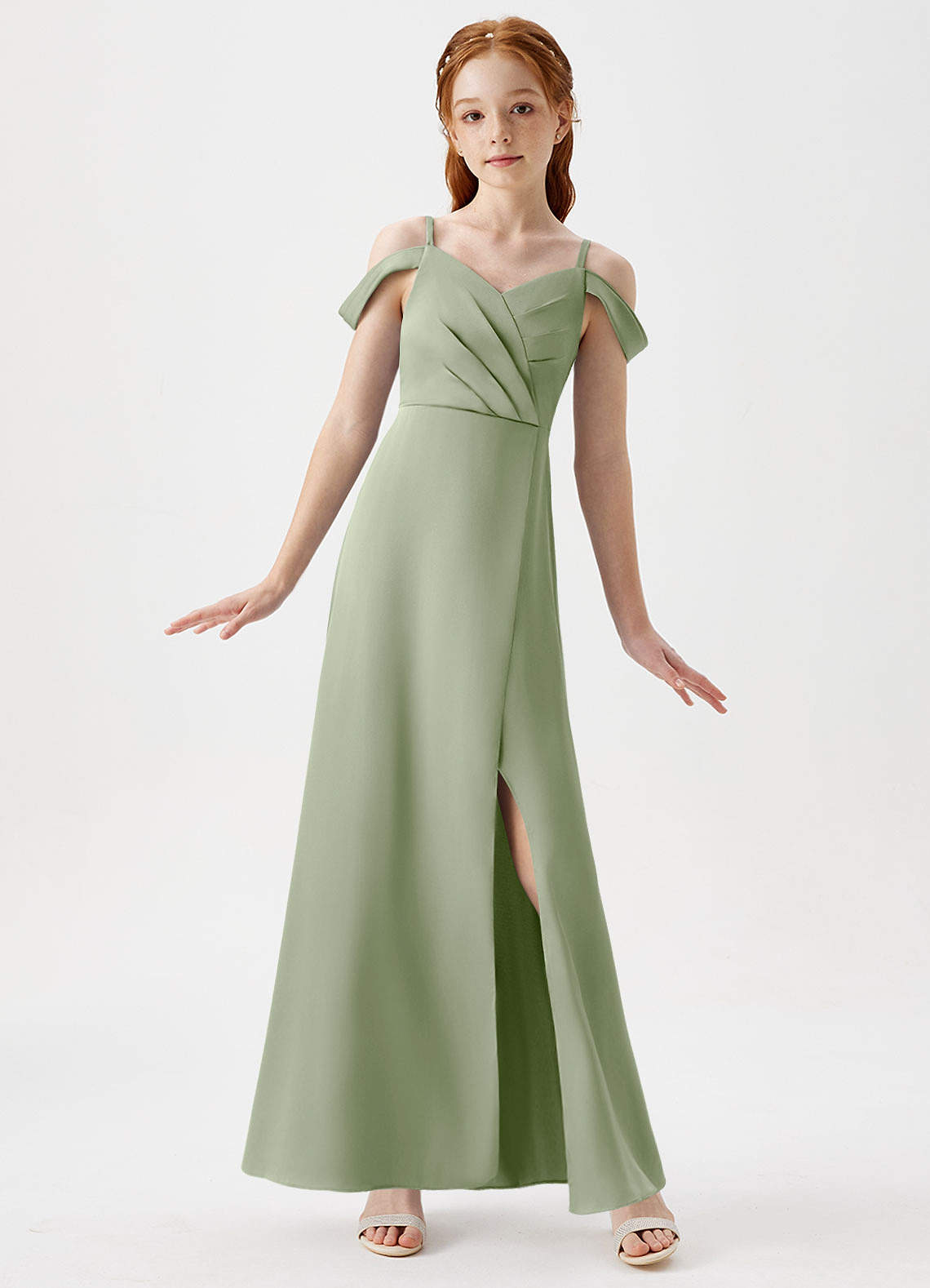 Azazie Ocean Junior Dusty Sage A-Line Off the Shoulder Stretch Satin Dress image1