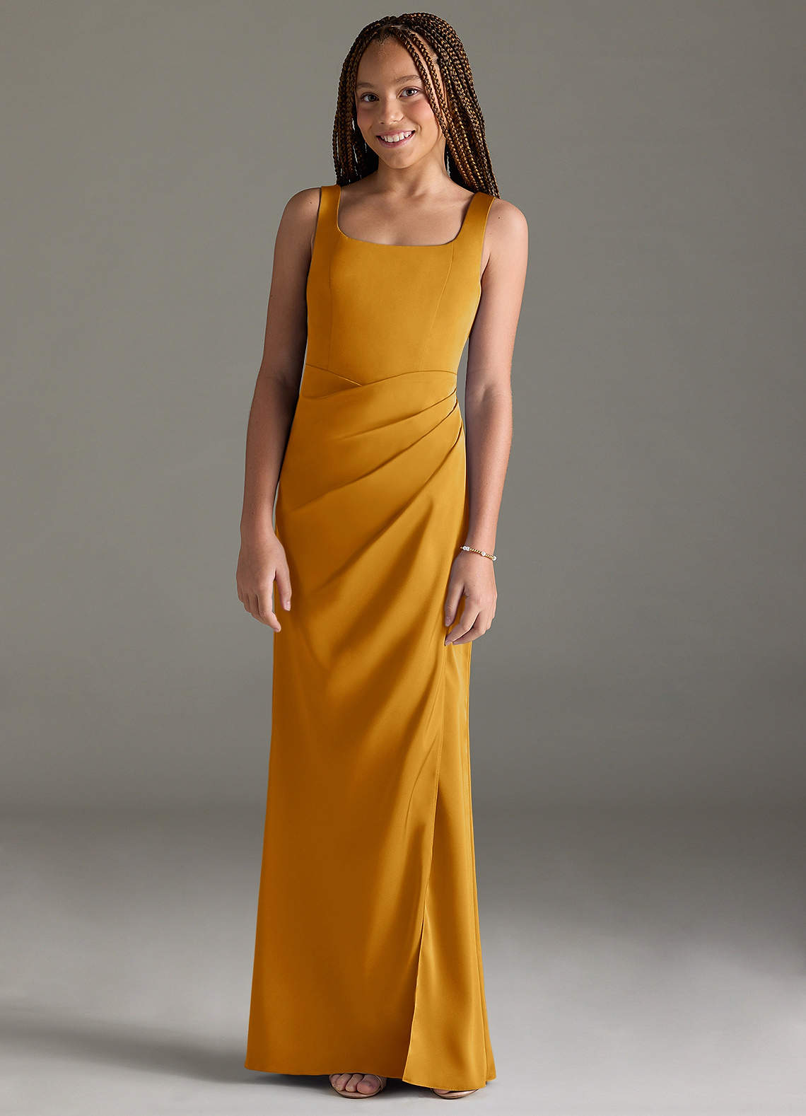 Azazie Mero Junior Butterscotch Mermaid Pleated Stretch Satin Dress image1