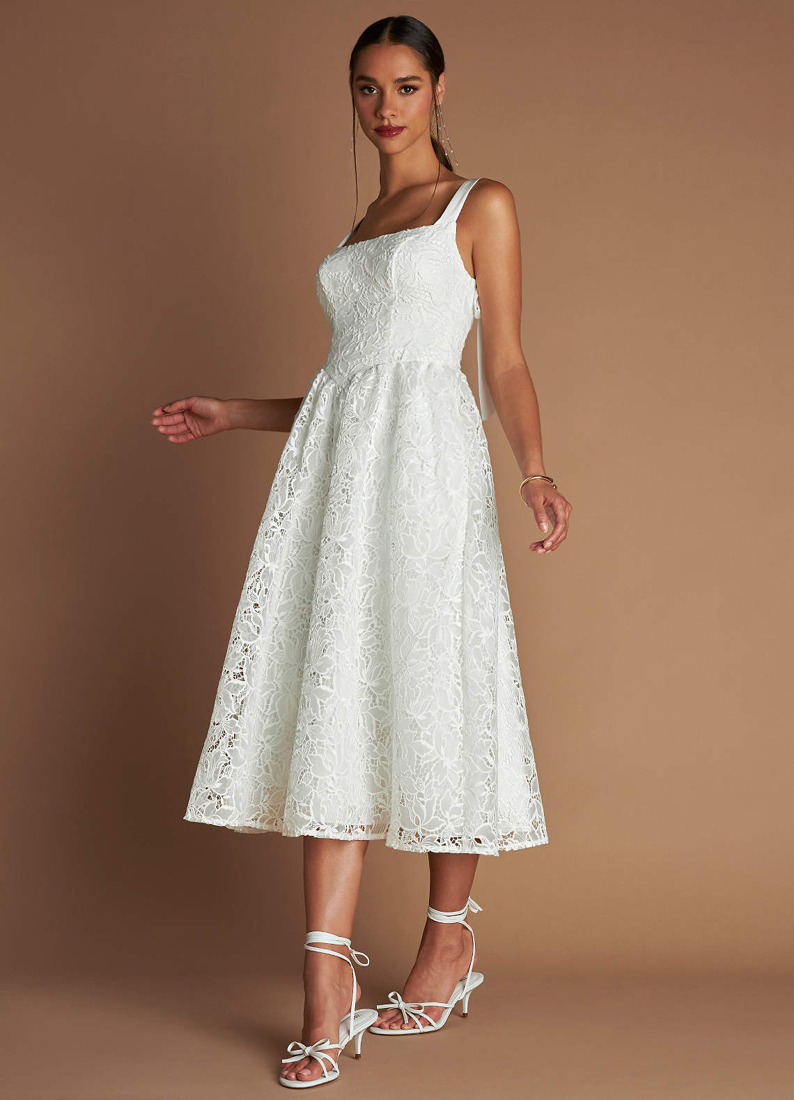 white crepe a line midi dress with bow straps Ivory A-Line Midi Dress with Pleated Skirt | Sculpted Sweetheart Bodice &  Spaghetti Straps | Formal Cocktail Summer Occasion Dress