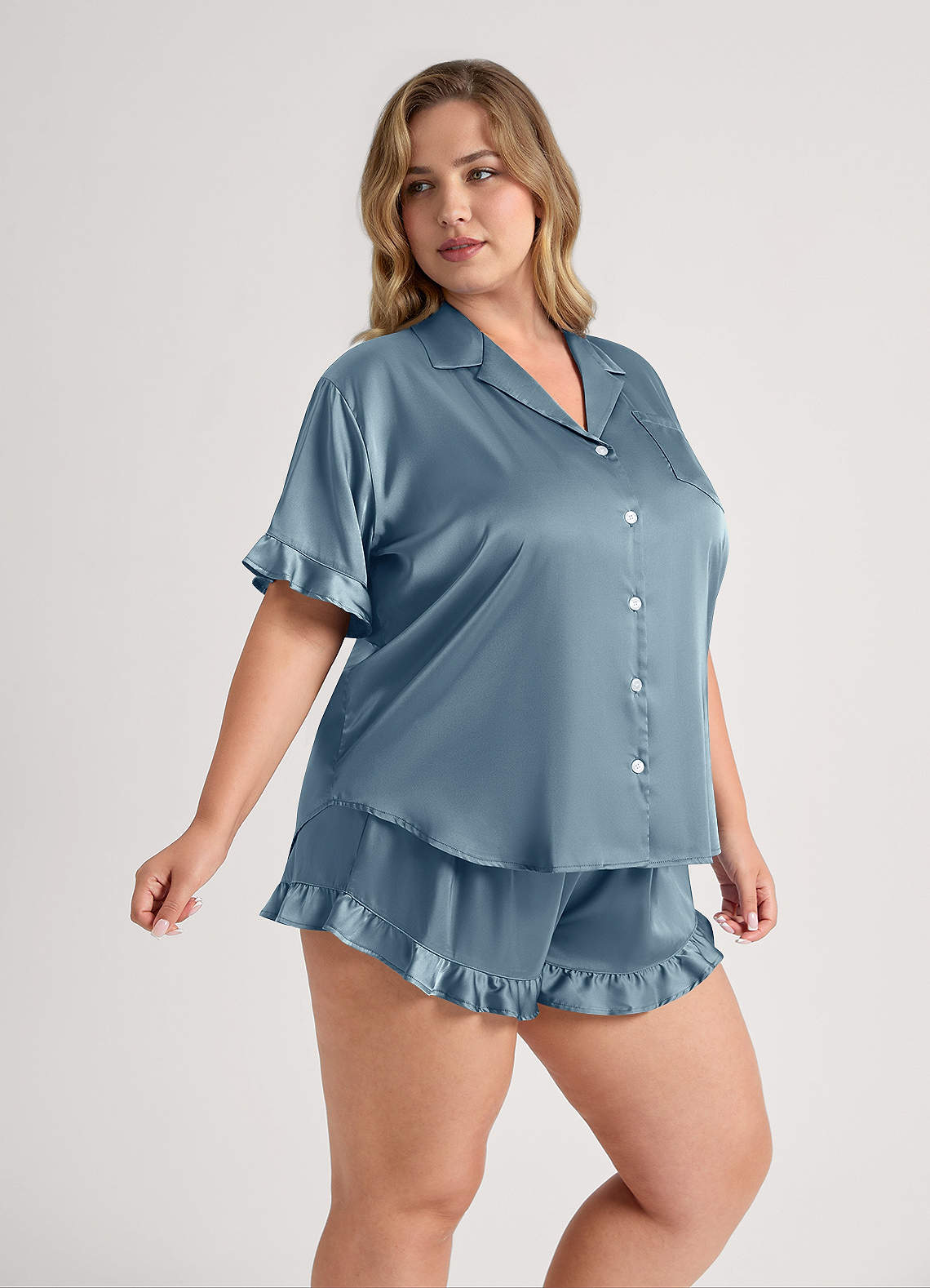 front Matching Color Ruffled Short Sleeve Pajama Set