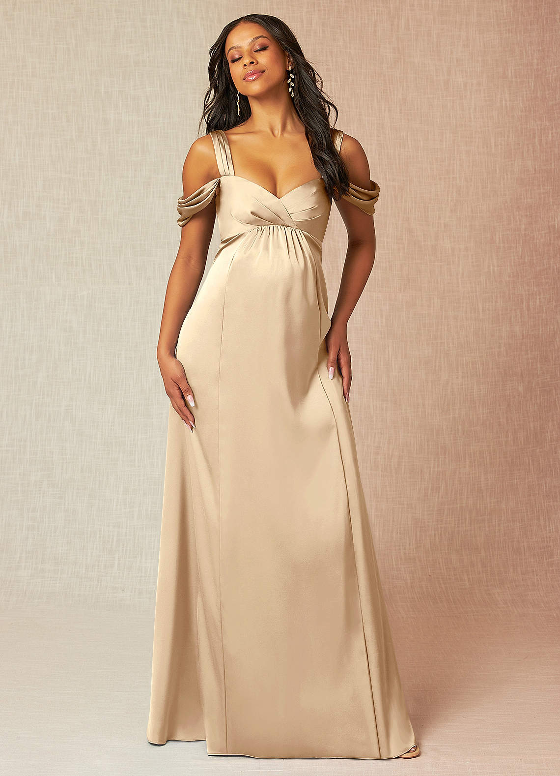 Azazie Rhea Maternity Bridesmaid Dresses A-Line Off-The-Shouler Pleated Stretch Satin Floor-Length Dress image4