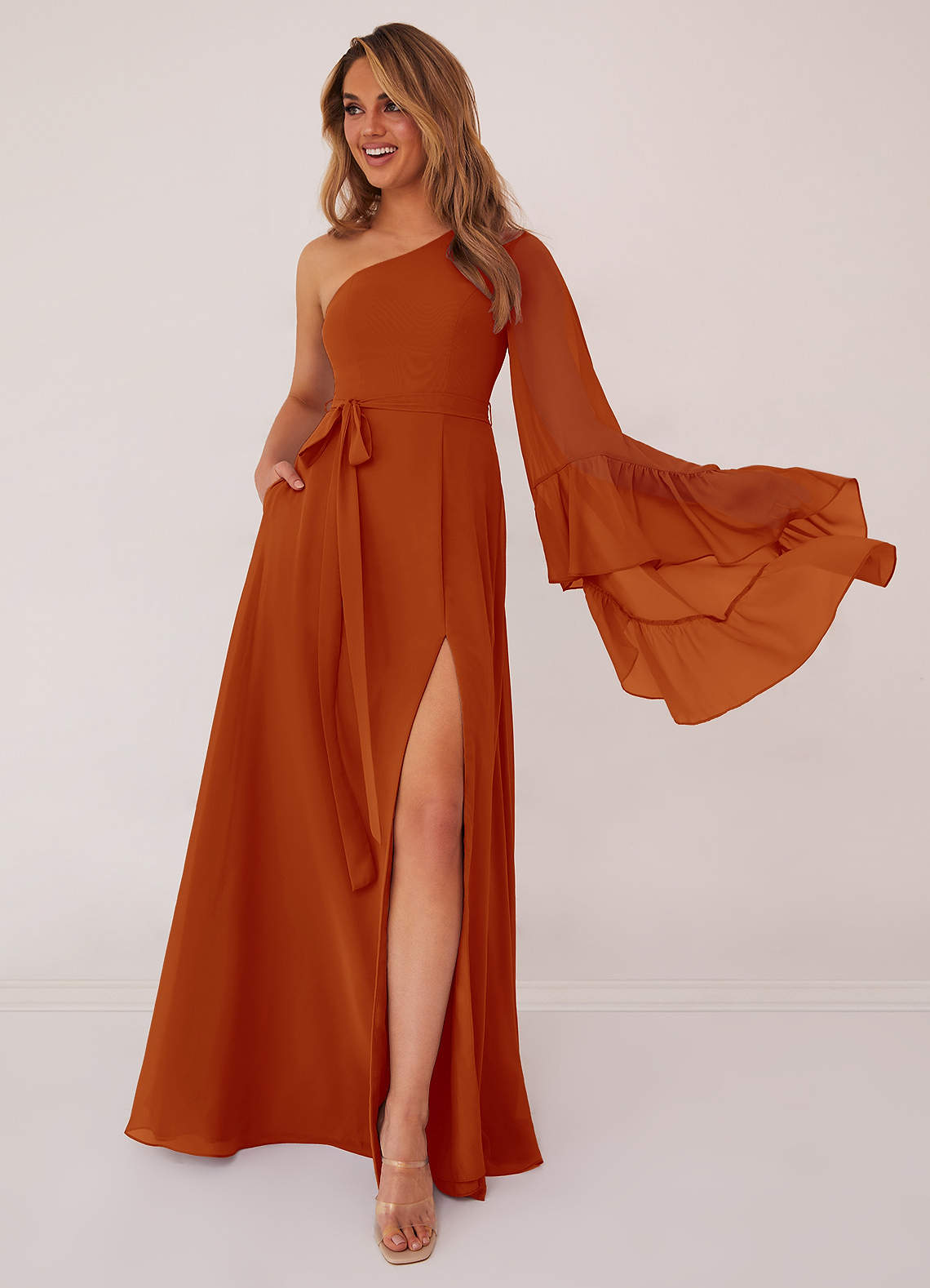 Barbie ♥ Azazie Bridesmaid Dresses Paprika A-Line Long Sleeve Chiffon Dress image1