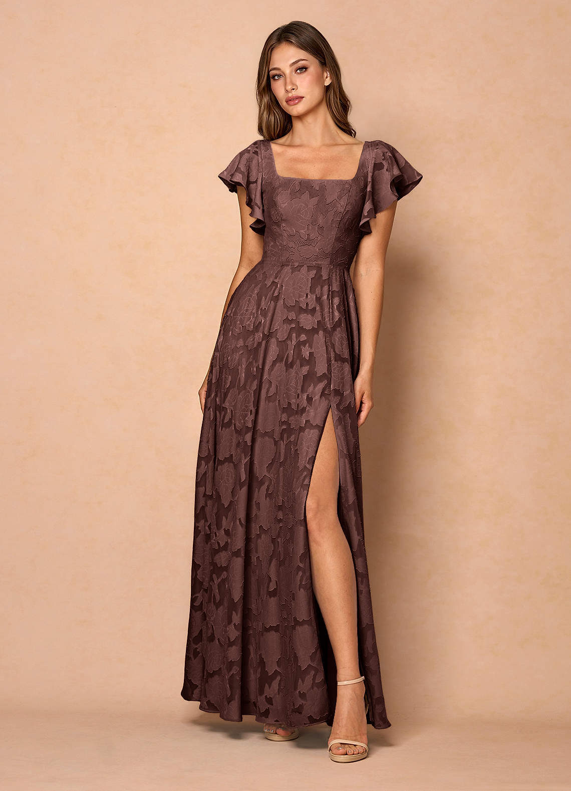 Azazie Plus Size Floor-Length Maxi Dresses A-Line Wedding Guest Formal Dresses Square Ruffles Mocha Coco