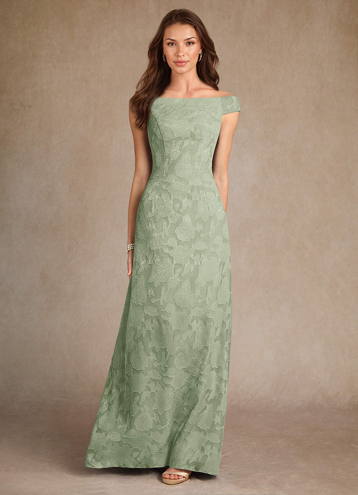 Azazie Moore Mother of the Bride Dresses Dusty Sage A-Line Boatneck Floral Burnout Dress image2