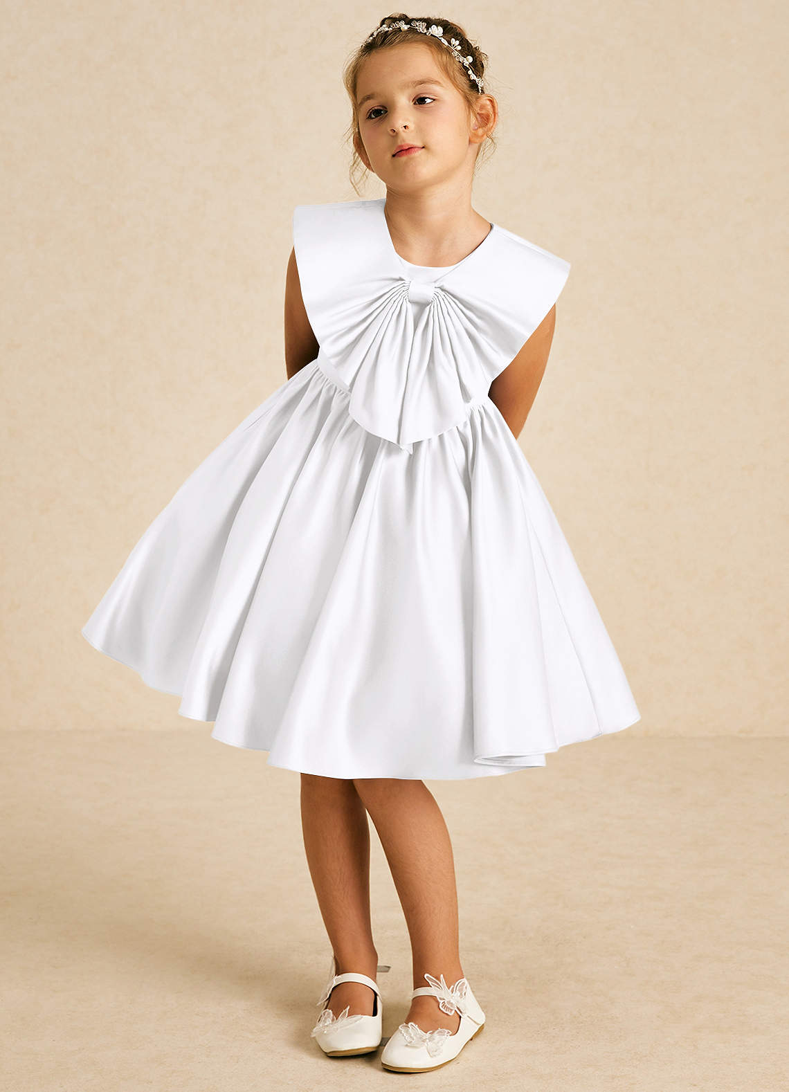 Azazie Poppet vestidos de niña de las flores Vestido de Blanco de Satin Mate de Corte En A con Sin mangas image1