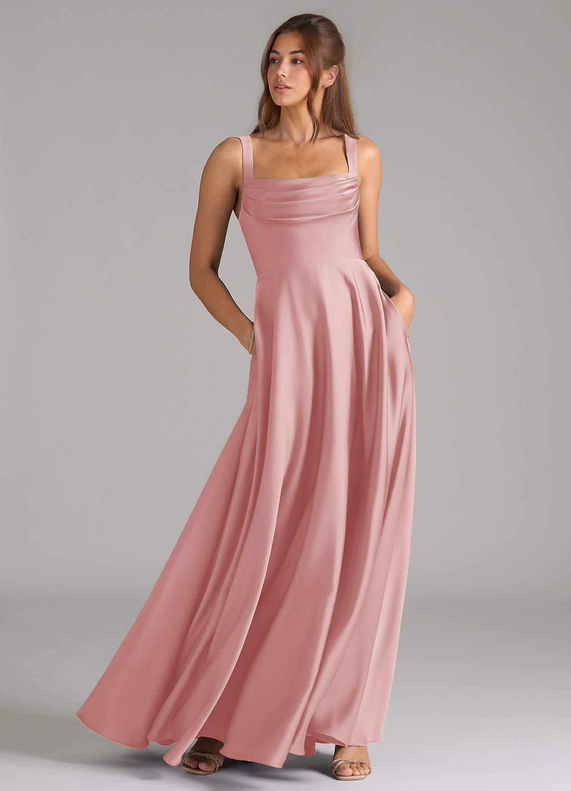 Azazie Shaude Bridesmaid Dresses Powder Pink A-Line Pleated Stretch Satin Dress image2