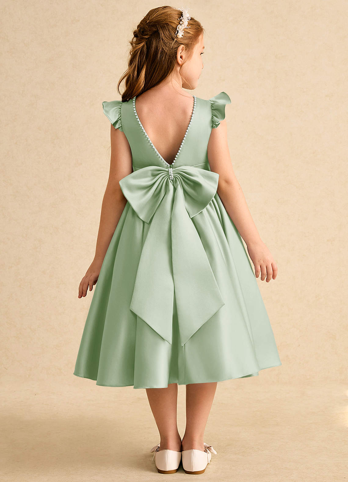 Azazie Dumpling Flower Girl Dresses Dusty Sage A-Line Bow Matte Satin Dress image1