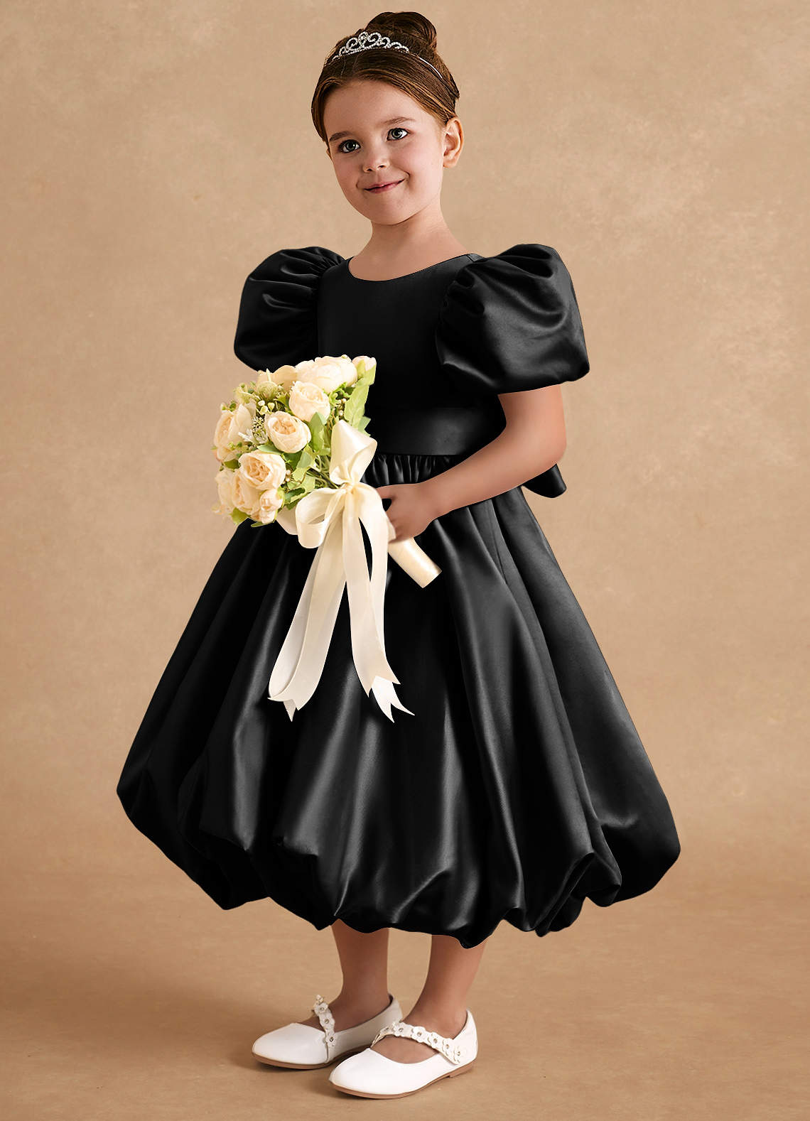 Azazie Jellybean Flower Girl Dresses Black Ball-Gown Ruched Matte Satin Dress image1