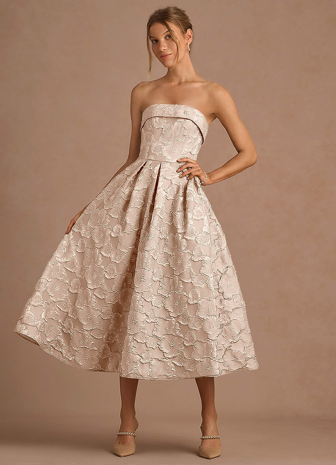 Azazie Strapless A-Line Midi Dresses in Vintage Blush