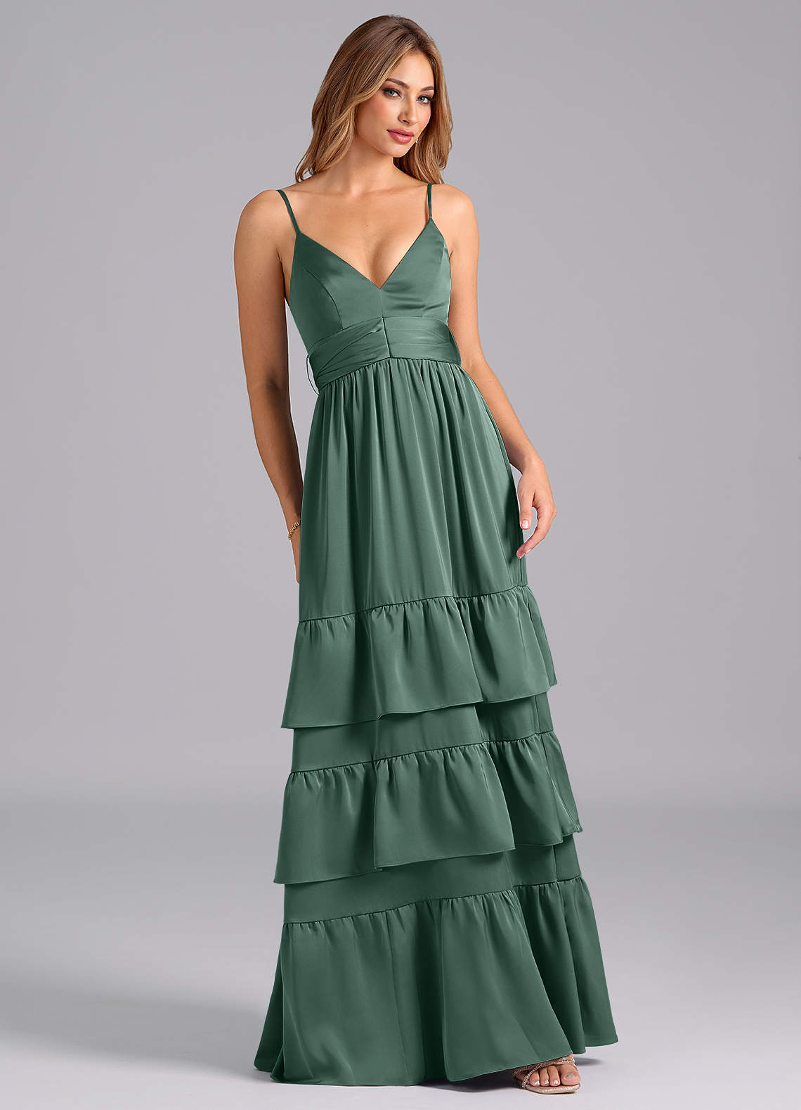 Azazie Nathalia Bridesmaid Dresses Eucalyptus A-Line Pleated Stretch Satin Dress image1