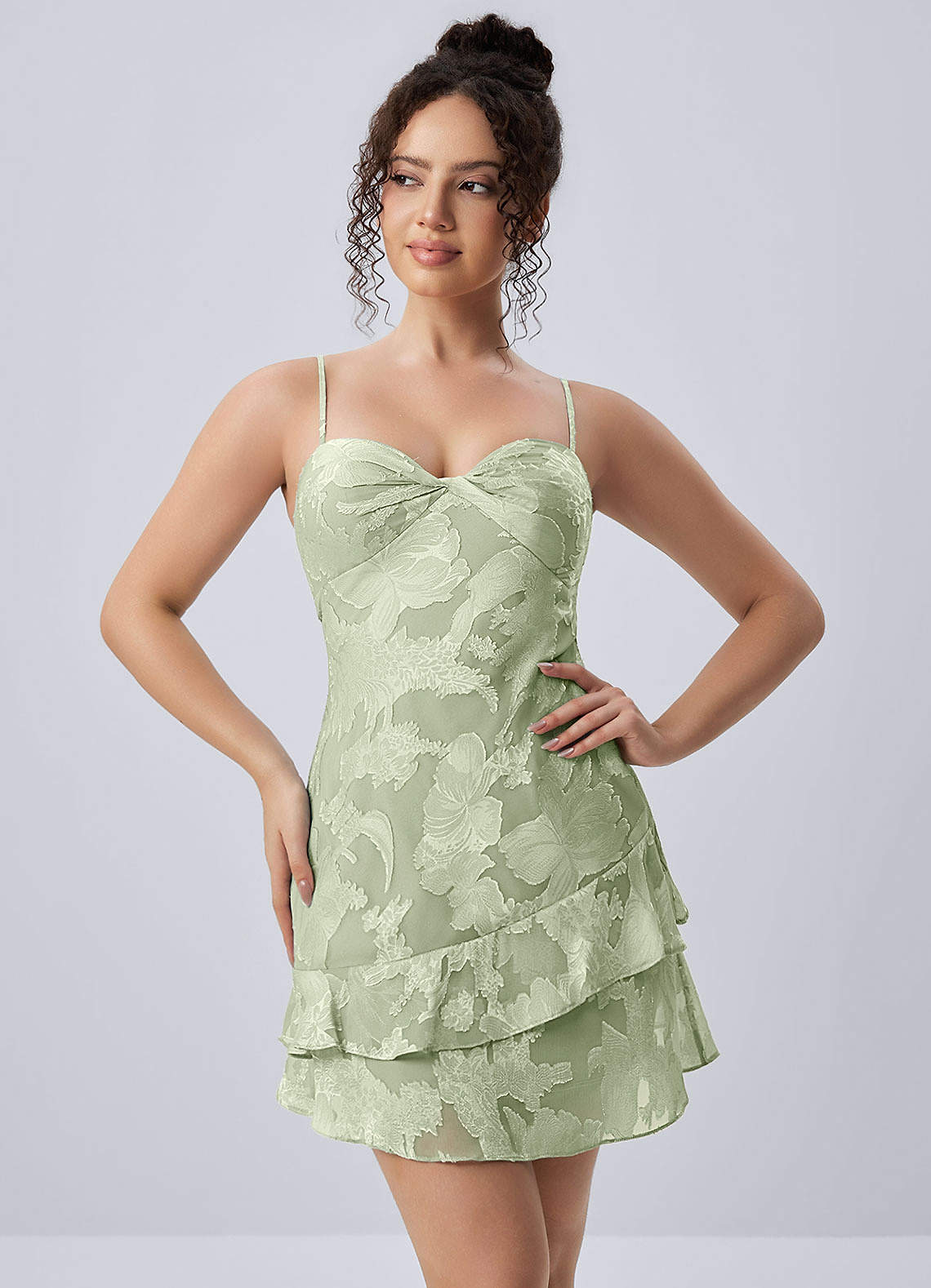 light green floral mini dress Hortense Spaghetti Strap Ruffle Open Back venice_store