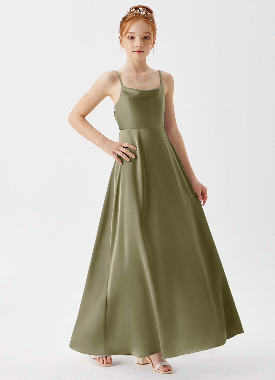 Azazie Shale Junior Pistachio A-Line Stretch Satin Dress image3