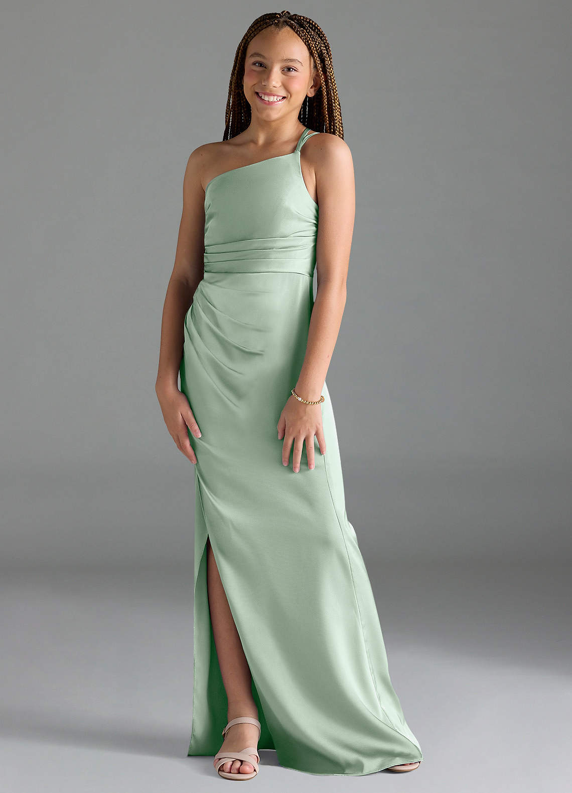 Azazie Eren Junior Agave Sheath Pleated Stretch Satin Dress image1