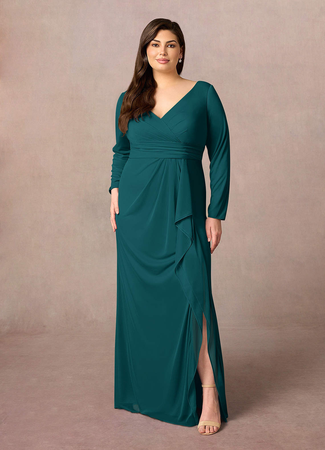 Azazie Risa Final Sale Peacock Mermaid V-Neck Pleated Mesh Dress image1