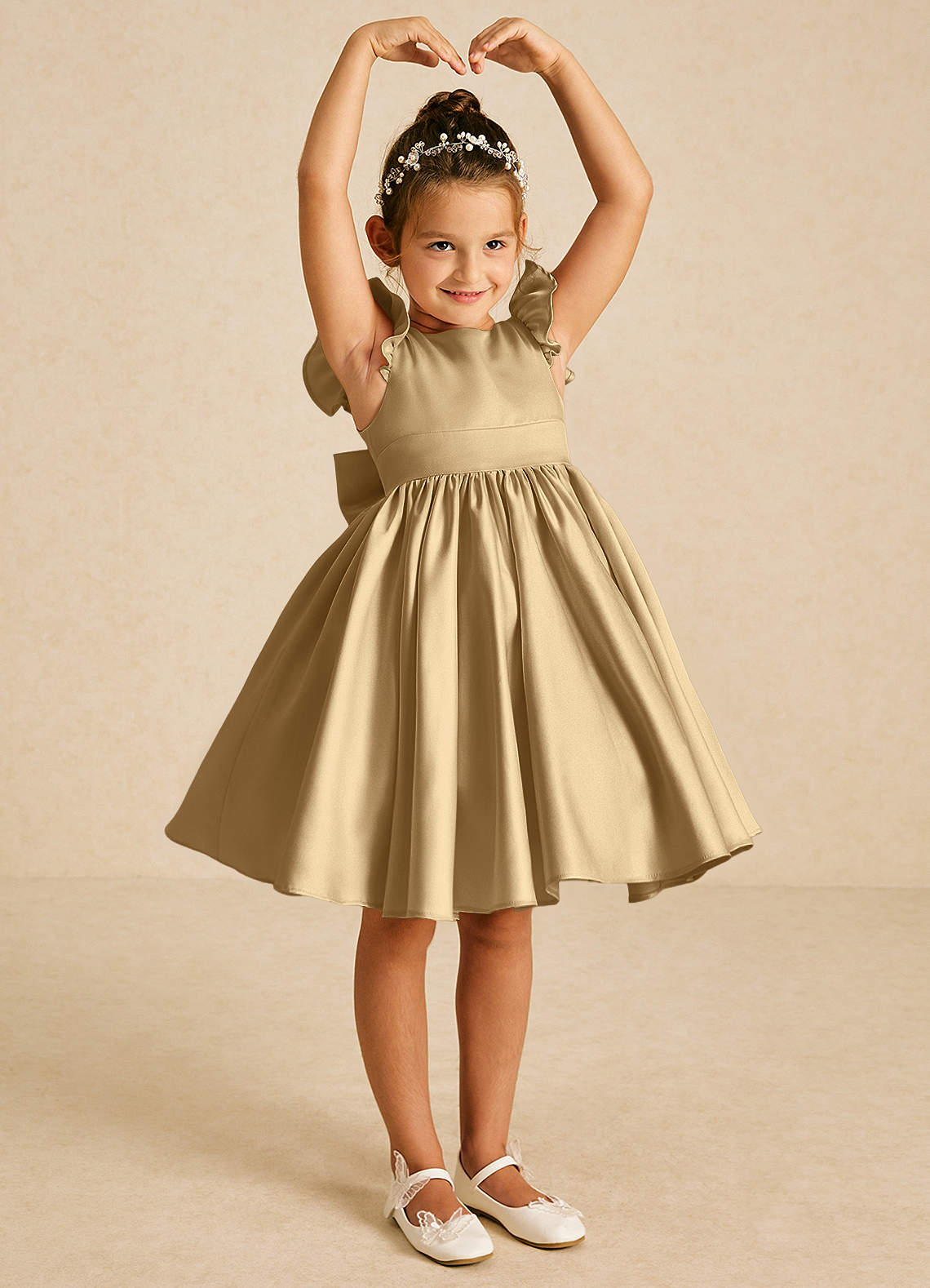 Azazie Tootsie Flower Girl Dresses Gold A-Line Bow Matte Satin Dress image1